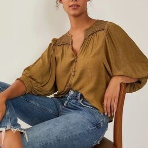 Anthropologie Cacee‎ Jacquard Peas Button Down Dolman Blouse Women’s Small